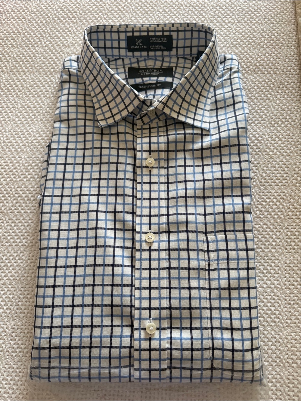 Nordstrom Dress Shirt with white ground and Blue Windowpane Check